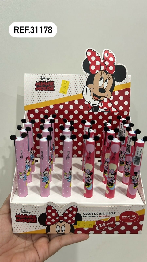 CANETA RETRATIL BICOLOR MINNIE 1.0 AZUL E VERMELHA MOLIN REF.31178