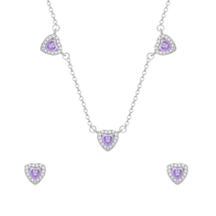 Conjunto Prateado de Coração Lilás Cravejado de Zircônia - comprar online