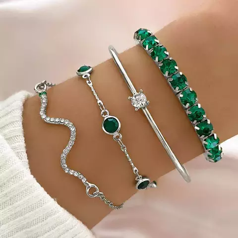 4 pçs Pulseira Strass Metal Pedra Preciosa Verde - comprar online