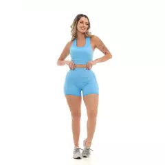 Top E Bermuda Academia Fitness Camiseta, Bumbum, Cintura, Azul, Casual