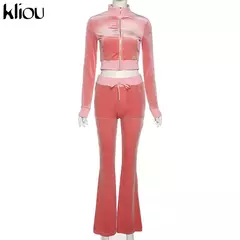 Kliou conjunto de duas peças de veludo sólido feminino simples casual zíper m na internet