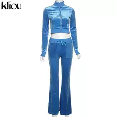 Kliou conjunto de duas peças de veludo sólido feminino simples casual zíper m na internet