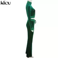 Kliou conjunto de duas peças de veludo sólido feminino simples casual zíper m - loja online