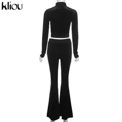 Kliou conjunto de duas peças de veludo sólido feminino simples casual zíper m - loja online