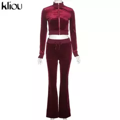 Imagem do Kliou conjunto de duas peças de veludo sólido feminino simples casual zíper m