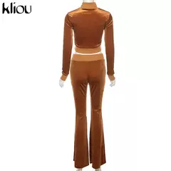 Kliou conjunto de duas peças de veludo sólido feminino simples casual zíper m na internet