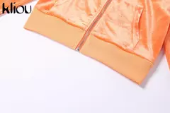 Kliou conjunto de duas peças de veludo sólido feminino simples casual zíper m na internet
