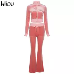 Imagem do Kliou conjunto de duas peças de veludo sólido feminino simples casual zíper m