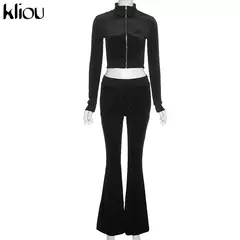 Kliou conjunto de duas peças de veludo sólido feminino simples casual zíper m