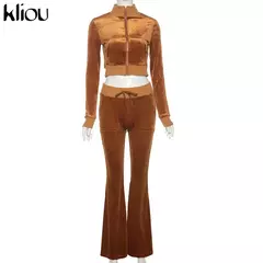 Kliou conjunto de duas peças de veludo sólido feminino simples casual zíper m