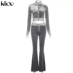 Kliou conjunto de duas peças de veludo sólido feminino simples casual zíper m - GH Vitrine Virtual