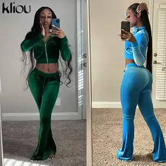 Imagem do Kliou conjunto de duas peças de veludo sólido feminino simples casual zíper m