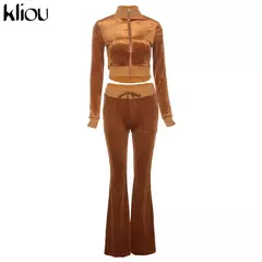 Kliou conjunto de duas peças de veludo sólido feminino simples casual zíper m - GH Vitrine Virtual