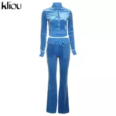 Kliou conjunto de duas peças de veludo sólido feminino simples casual zíper m na internet