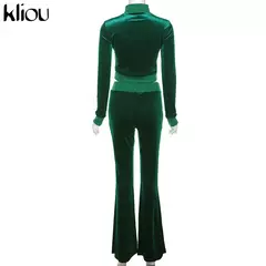 Kliou conjunto de duas peças de veludo sólido feminino simples casual zíper m