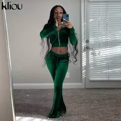 Kliou conjunto de duas peças de veludo sólido feminino simples casual zíper m - GH Vitrine Virtual