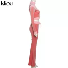 Kliou conjunto de duas peças de veludo sólido feminino simples casual zíper m - loja online