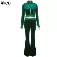 Kliou conjunto de duas peças de veludo sólido feminino simples casual zíper m - GH Vitrine Virtual