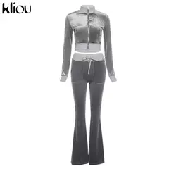 Kliou conjunto de duas peças de veludo sólido feminino simples casual zíper m - comprar online