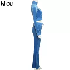 Kliou conjunto de duas peças de veludo sólido feminino simples casual zíper m - loja online