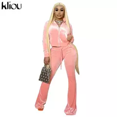 Kliou conjunto de duas peças de veludo sólido feminino simples casual zíper m