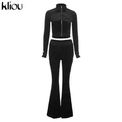 Kliou conjunto de duas peças de veludo sólido feminino simples casual zíper m - comprar online