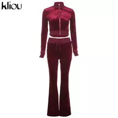 Kliou conjunto de duas peças de veludo sólido feminino simples casual zíper m - comprar online