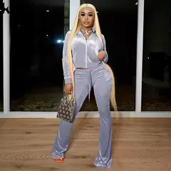 Kliou conjunto de duas peças de veludo sólido feminino simples casual zíper m - loja online