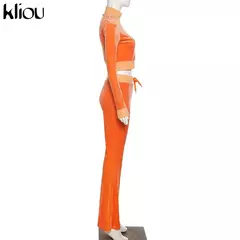 Kliou conjunto de duas peças de veludo sólido feminino simples casual zíper m na internet