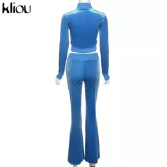 Kliou conjunto de duas peças de veludo sólido feminino simples casual zíper m