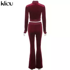 Kliou conjunto de duas peças de veludo sólido feminino simples casual zíper m - loja online