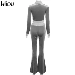 Kliou conjunto de duas peças de veludo sólido feminino simples casual zíper m