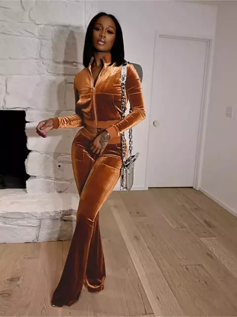 Kliou conjunto de duas peças de veludo sólido feminino simples casual zíper m