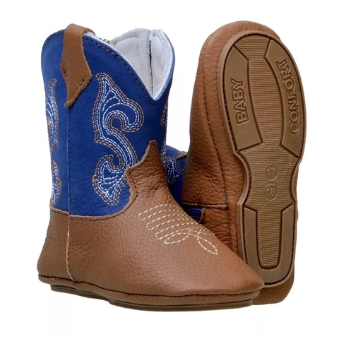 Bota Country Infantil Baby em Couro Legítimo cor Castor/Azul