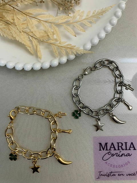 Pulseira Áster amuletos - Pulseira com elos cadeados de 2,5mm com fecho lagosta - DESIGN ÚNICO