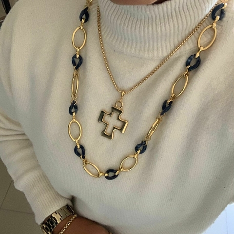 Colar Jacarandá - Elos Elípticos Interligados com elos resina azul marinho - DESIGN ÚNICO