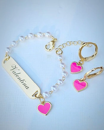 Conjunto Perolas Coração Rosa