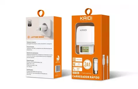CARREGADOR 5V 2.4A C/ CABO LIGHTNING - KAIDI KD556A