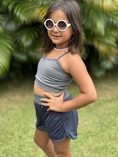 Conjunto Infantil Shorts duplo e top Azul Marinho com cós cinza - Dedemelon Fitness