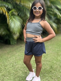 Conjunto Infantil Shorts duplo e top Azul Marinho com cós cinza