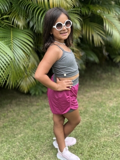 Conjunto Infantil Shorts duplo e top Fuscia com cinza