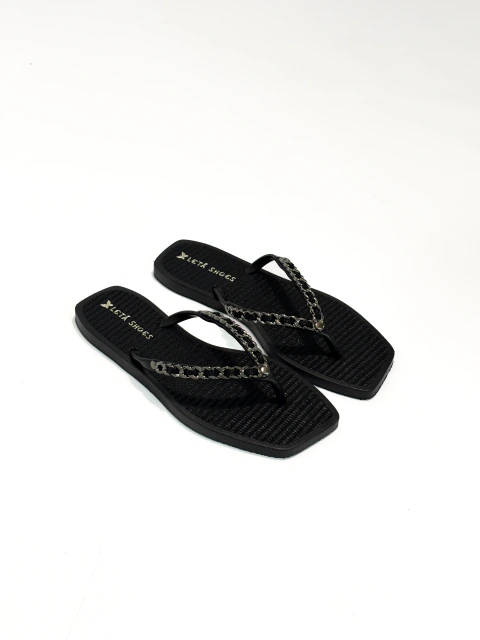 Chinelo Cléo Preto com Corrente Metalizada