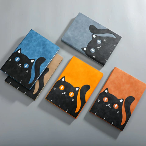 Libretas A5 a rayas con gatito negro estampado, ideal para cat lovers, perfecta para notas y tareas. Fondo liso.