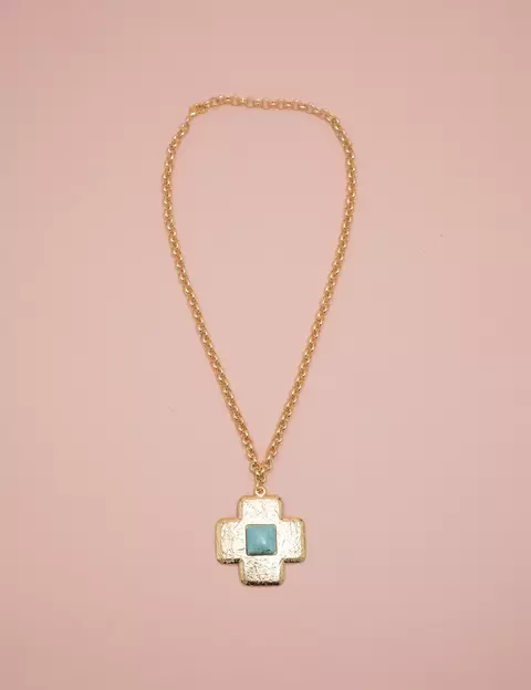 Colar Cruz Dourado Com Turquesa - comprar online