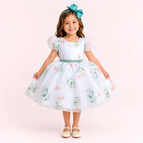 Vestido Floral Infantil Verde Oliva Daminha