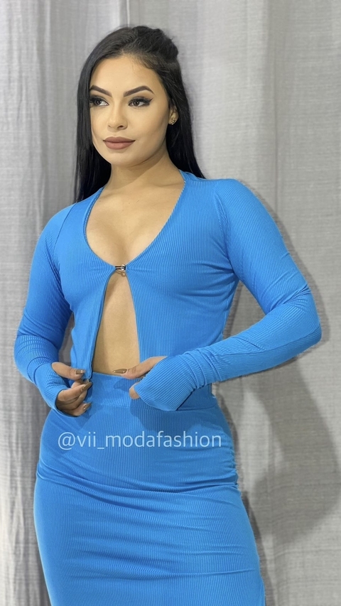 Conjunto Marjorie - Cropped manga longa e saia