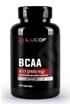 Frasco de BCAA Lucof com 120 cápsulas, contendo 2400 mg de aminoácidos de cadeia ramificada.