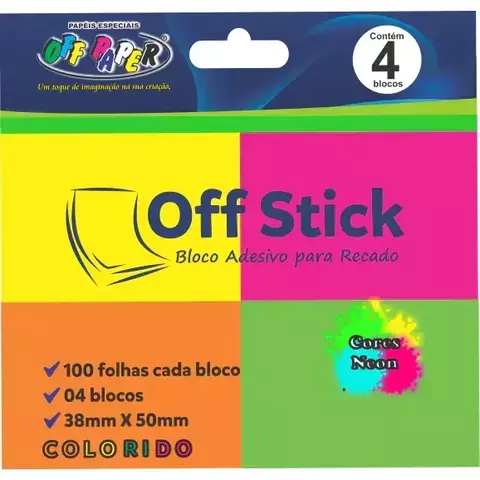 Embalagem de blocos adesivos para recado Off Stick com 4 blocos coloridos em cores neon, cada bloco com 100 folhas, tamanho 38mm x 50mm