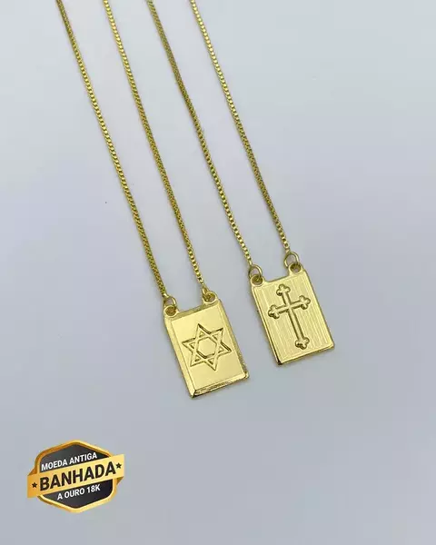 ESCAPULÁRIO ESTRELA DE DAVI E CRUZ (VENEZIANA 1MM) - 70CM - BANHADO A OURO 18K - comprar online