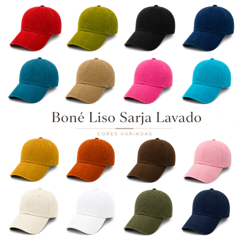 Boné Liso Sarja Lavada 100% Algodão Unissex Aba Curva Ajustável para Personalizar